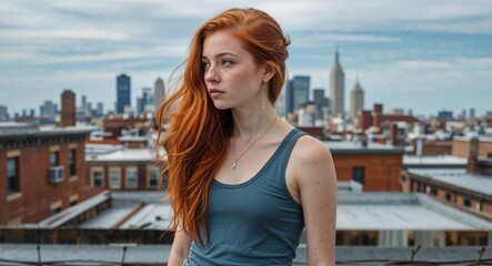 Fototapeta premium Redhead girl in cityscape rooftop background tank top young teen side view portrait