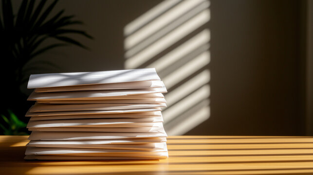 Neatly stacked envelopes on wooden table with shadows and natural light