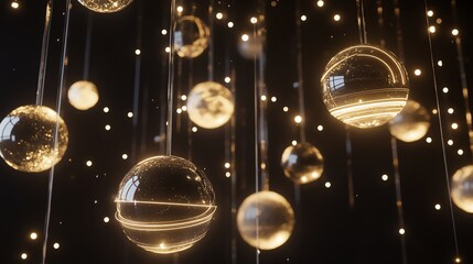 Obraz premium Stunning 8K futuristic space chandelier with glowing planets, celestial rings & starry ambiance. A mesmerizing galaxy illusion for sci-fi interiors