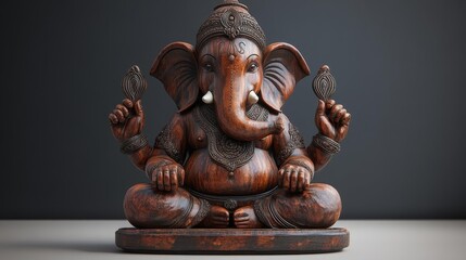 Fototapeta premium Beautiful Wooden Ganesha Statue with Intricate Detailing. Generative AI