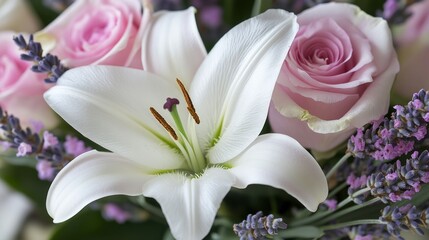 Obraz premium Close-up of white lily, pink roses, and lavender bouquet.