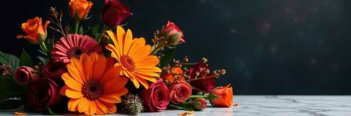 An artistic arrangement of orange and burgundy flowers on a marble tabletop against a dark background, burgundy, orange