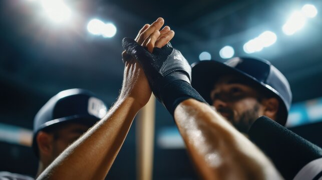 Baseball playoffs, a dramatic high-five between teammates in the dugout. Featuring playoff camaraderie