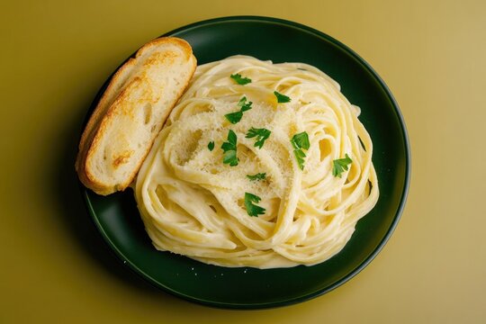 Creamy pasta dish garnished with fresh herbs, accompanied by toa