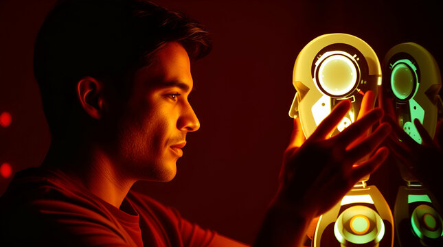 A person face in front of yellow glowing AI assistant, mirroring their features.touching its face.