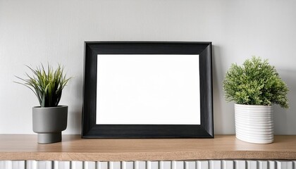 Modern Minimalist Black Frame Mockup Staged Against a Rustic Wood Shelf in a Warm Living Room Space, Emphasizing Clean Lines and Understated Elegance.