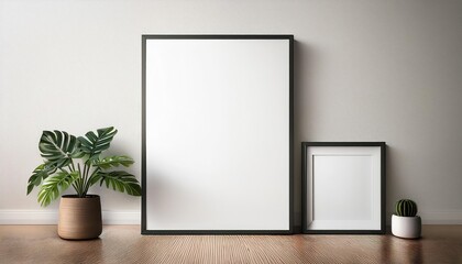 Leaning Frame Mockup Poster Against a White Wall Minimalist Artwork with Greenery and Plant Pot on a Floor Setting, Exuding a Clean, Calm, and Organic Aesthetic