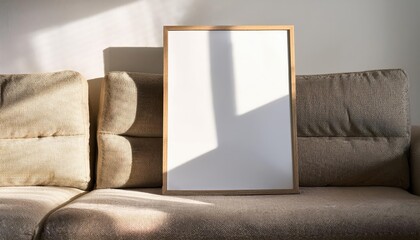 Sunlit Interior Scene Vintage Frame Mockup Poster Tempo Leans on a Textured Sofa, Bathed in Warm Sunlight Reflections and Casting Shadows, Emanating Cozy Elegance