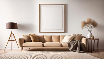 Elegant Minimalist Frame Mockup in a Cozy White Space, Featuring a Warm Beige Sofa and Soft Lamp Light, Exuding Tranquility and Sophistication.