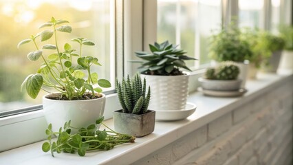 Fototapeta premium Indoor Plant Arrangement Bright Window Sill Home Decor Green Environment Natural Light Tranquil Concept