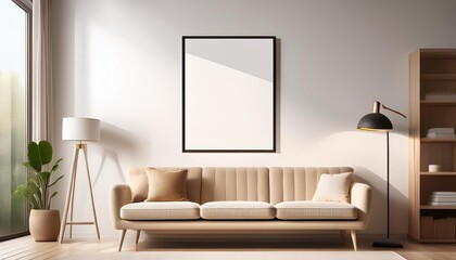 Minimalist Frame Mockup Against a White Backdrop, Featuring a Beige Sofa and Lamp in a Modern Setting Elegant Simplicity and Sophistication Prevail