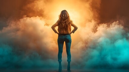 Striking silhouette of a self assured woman standing with hands on her hips looking ahead with determination and purpose set against a vibrant dynamic background with ample copy space