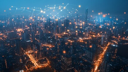 Smart city with futuristic wireless network connections and digital communication technology