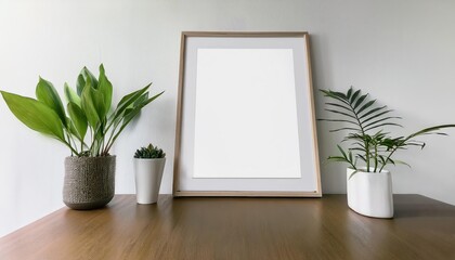 Minimalist Frame Mockup with Plant Decoration on White Wall Simplistic Elegance in a Contemporary Setting Enhanced by Green Nature and Clean Lines