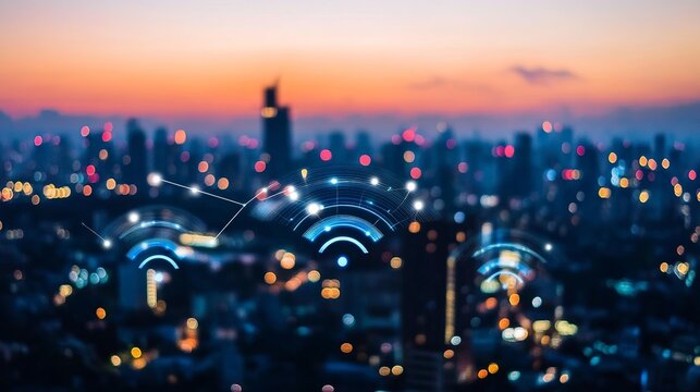 Smart city with futuristic wireless network connections and digital communication technology