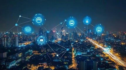 Smart city with futuristic wireless network connections and digital communication technology