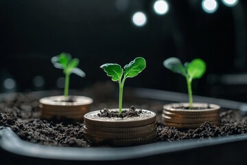 "Growing Wealth: Seedlings Sprouting from Coin Stacks Symbolizing Sustainable Investment"