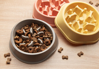 Slow feeder dog bowls preventing gulping and improving digestion