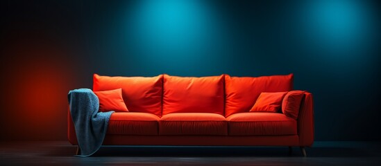 Cozy red sofa with a blue and orange background, perfect for modern interior design