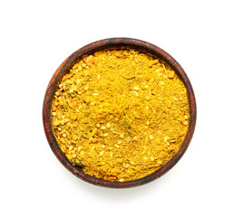 Wooden bowl of aromatic curry on white background