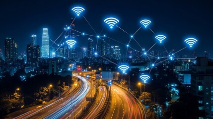 Smart city with futuristic wireless network connections and digital communication technology