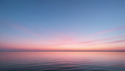 Fototapeta premium Simple calm blue sea, ocean under a sunset sky. Gradient sky, gradient sea, colourful, pink sky, purple sky, blue sky, orange sky. Calm mood, mood photo, sea, sky background. Landscape. heaven, dawn. 