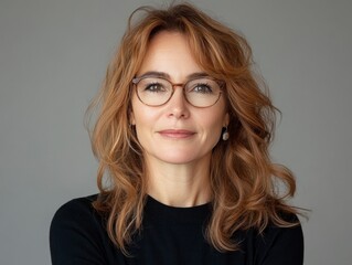 Obraz premium Confident Woman with Glasses Smiling Against a Neutral Background in a Minimalist Space for Business Portraits