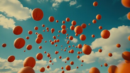Fototapeta premium Many oranges floating in a blue sky with clouds.