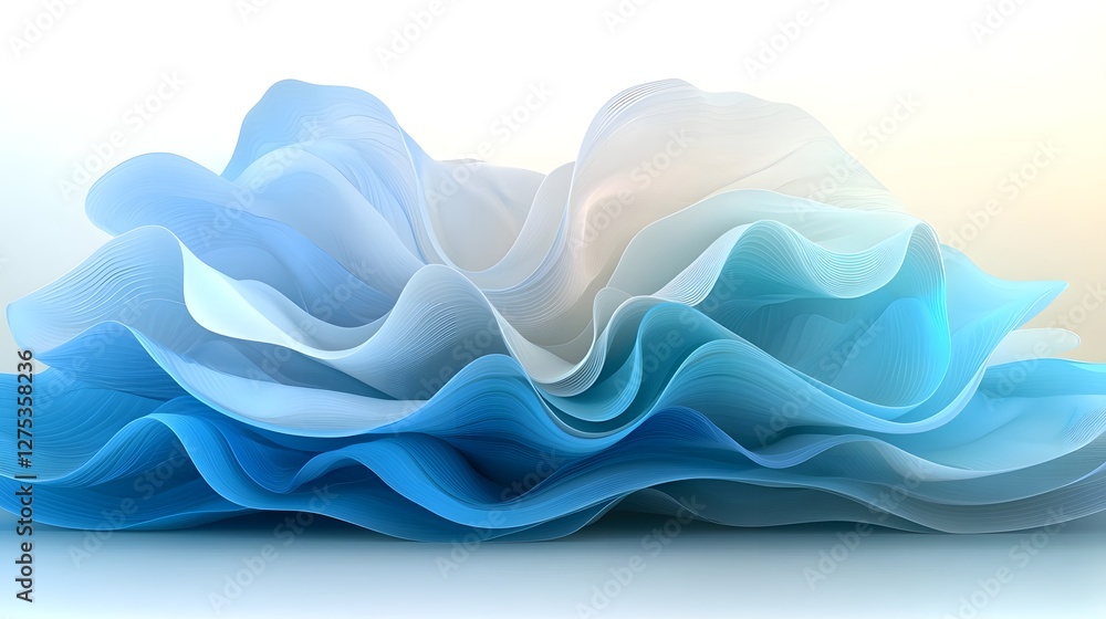 Poster Dynamic Abstract 3D Landscape with Layered Curving Forms in Serene Blue and White Gradient