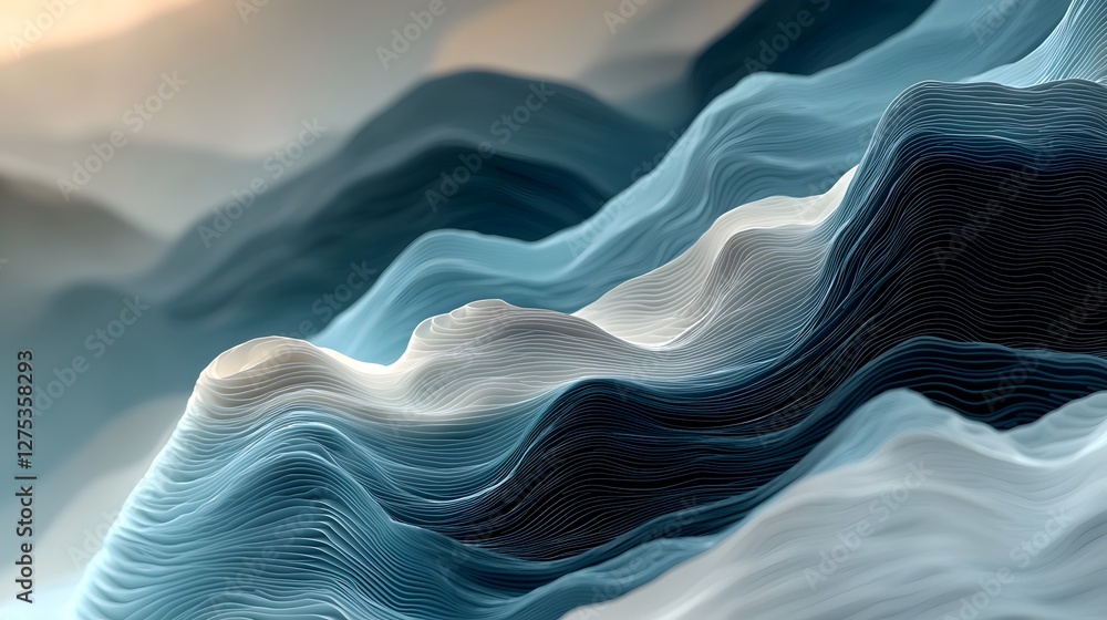 Leinwandbilder dynamic abstract 3d landscape with layered curving forms in serene blue and white gradient