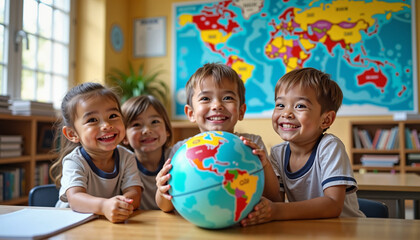 Smiling children holding a globe in a classroom.

