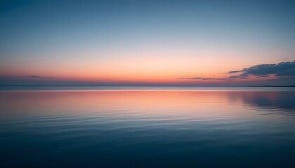 Fototapeta premium Simple calm blue sea, ocean under a sunset sky. Gradient sky, gradient sea, colourful, pink sky, purple sky, blue sky, orange sky. Calm mood, mood photo, sea, sky background. Landscape. heaven, dawn. 