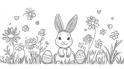 A black-and-white sketch shows a rabbit among decorated Easter eggs.