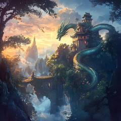 Mystical forest scene, imaginative creatures amidst lush greenery, highlights adventure and fantasy themes, ideal for storytelling.