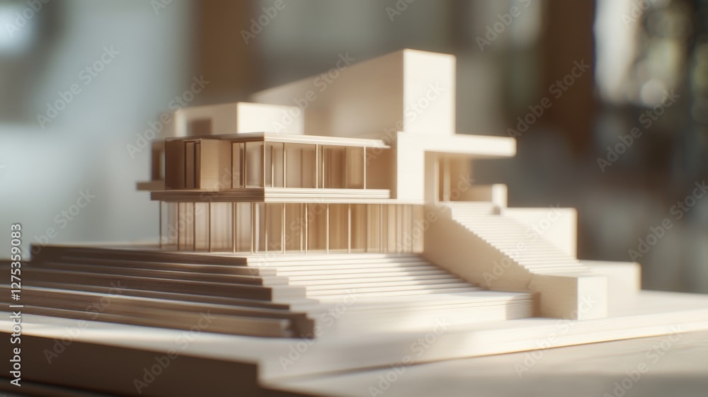 Poster detailed architectural model of a modern building designed for a coastal location with multiple leve