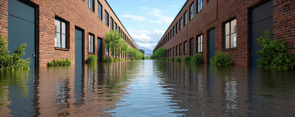 Flooded industrial area with water reaching factory floors, symbolizing economic loss and resource challenges after a storm