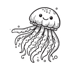 Title Black and white cartoon of a jellyfish.
Suitable for childrens books, educational materials, marinethemed designs, and aquatic illustrations. Engaging and playful underwater character.