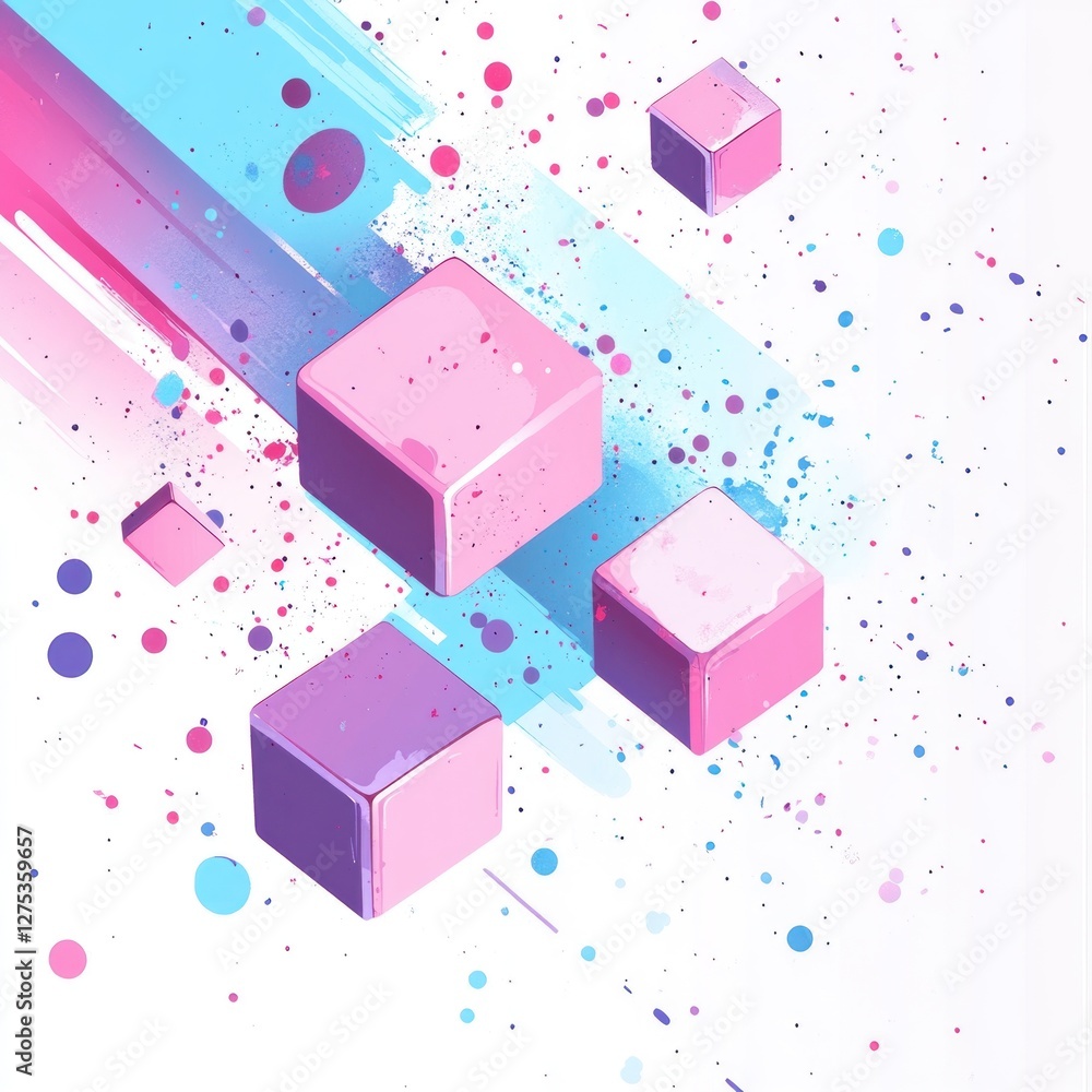 Poster abstract pastel cubes floating on a white background with paint strokes and splatters.
