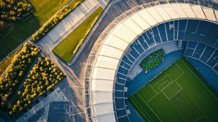 Obraz premium Aerial View of Green Soccer Field and Modern Stadium Architecture