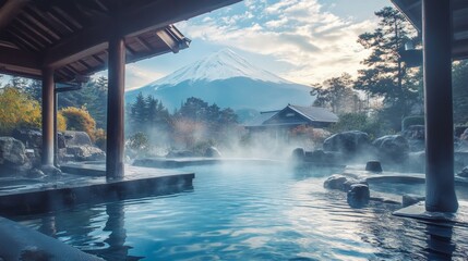 A luxurious Japanese onsen experience with steaming hot water pools surrounded by snow-capped mountains,