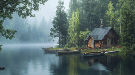 Obraz premium A misty lake with a wooden cabin and boats creating a serene peaceful retreat in nature. AI generative