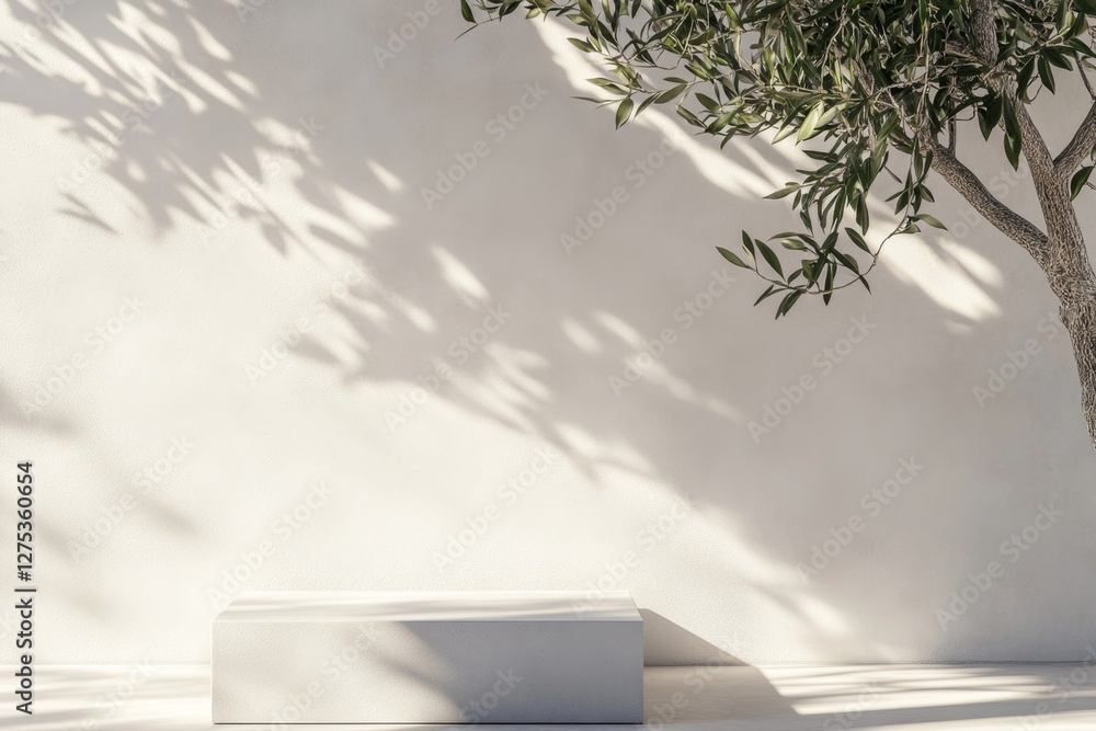 Wall mural Outdoor gray platform, sunlit wall, olive tree shadows, product display