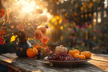 Naklejka premium Autumnal Harvest Display on Rustic Wooden Table