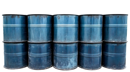 Stacked blue metal barrels outdoors