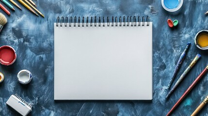 Blank sketchbook surrounded by art supplies on dark blue textured background.