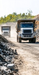Quarry trucks hauling rocks, dusty road, trees background.  Industrial transport image.