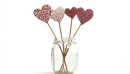 Heart-shaped decorations in mason jar, white background