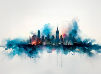 Fototapeta premium Abstract watercolor painting of a city skyline. Blue, red, and black shades blend to create a dreamy cityscape against a white backdrop.