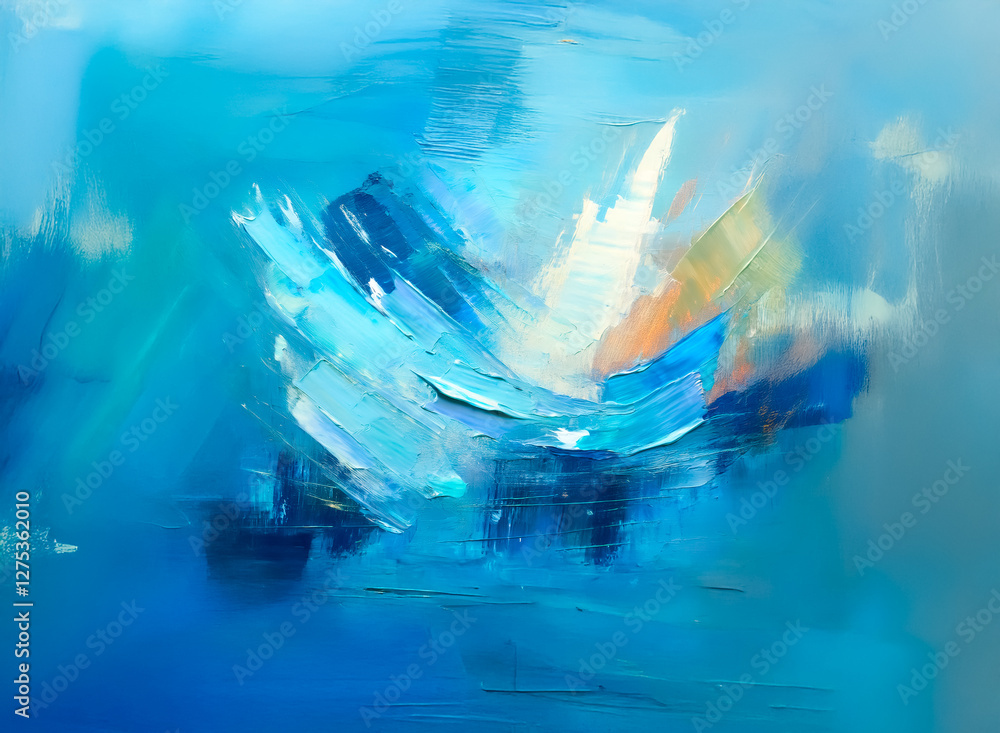 Poster abstract painting with blue and white hues featuring dynamic brushstrokes that create a sense of mot