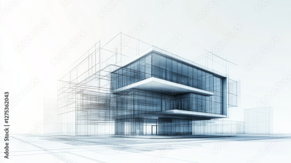 Poster modern architectural design visualization showcasing a complex building structure with a transparent